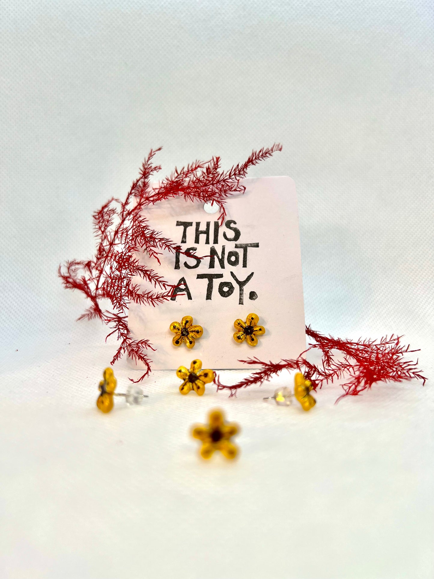 Handmade Gold Flower Earrings with Brown Details – Resin Floral Stud Earrings (Set of 2)