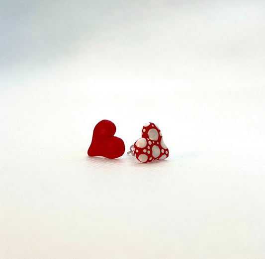 Mismatched Red Heart Earrings – Handmade Resin Heart Studs