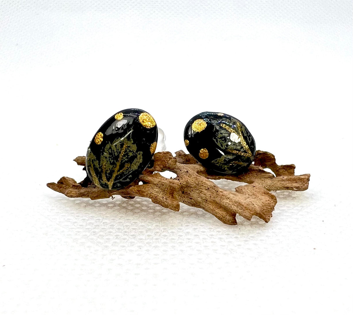 Black and Gold Maple Leaf Stud Earrings