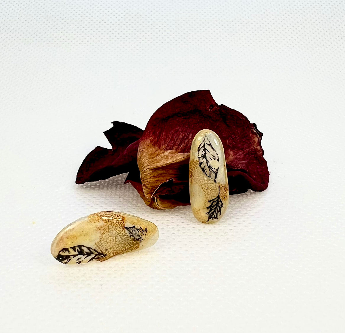 Linden (Tilia cordata) Leaf Skeleton Stud Earrings — Falling Leaves, Gold Shimmer