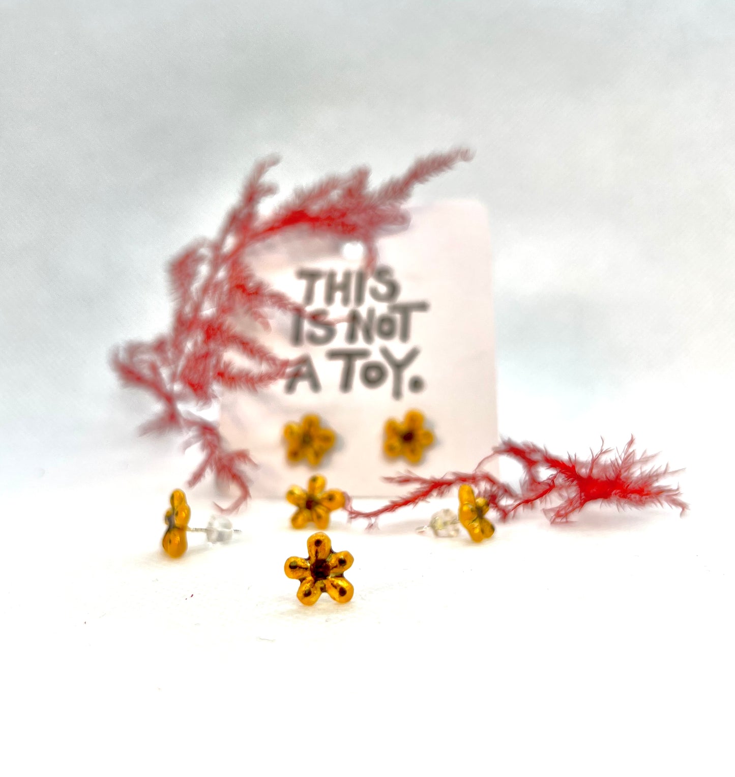 Handmade Gold Flower Earrings with Brown Details – Resin Floral Stud Earrings (Set of 2)