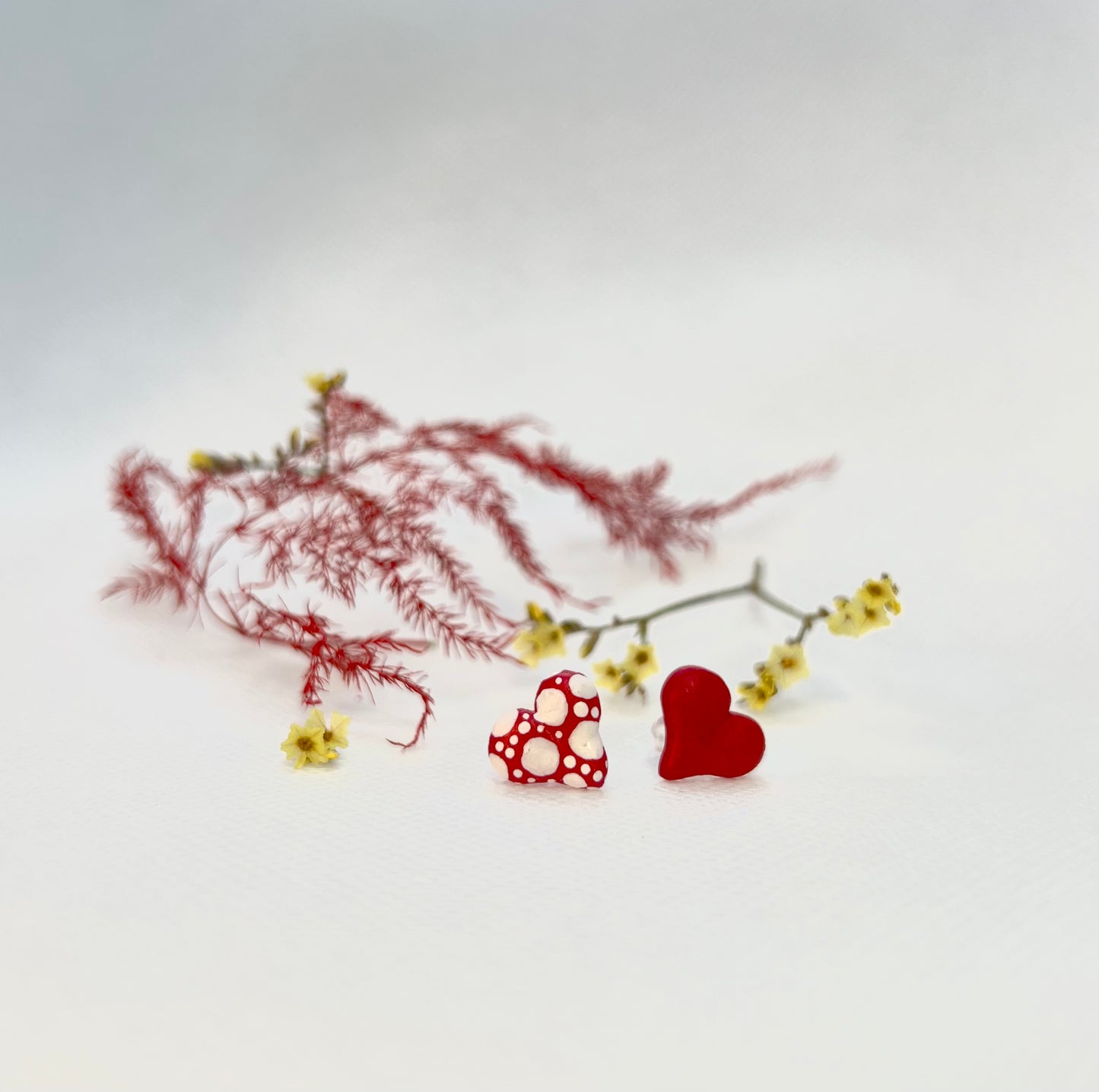 Mismatched Red Heart Earrings – Handmade Resin Heart Studs