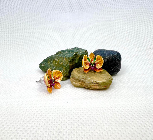 Orange & Violet Orchid Earrings – Botanical Resin Flower Earrings