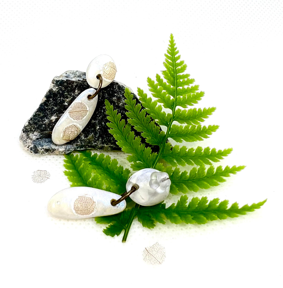 Linden Leaf Skeleton Earrings — Blue Opal Shimmer