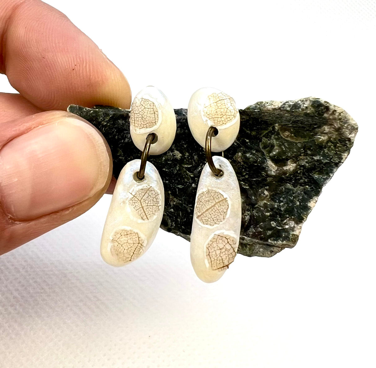 Linden Leaf Skeleton Earrings — Blue Opal Shimmer
