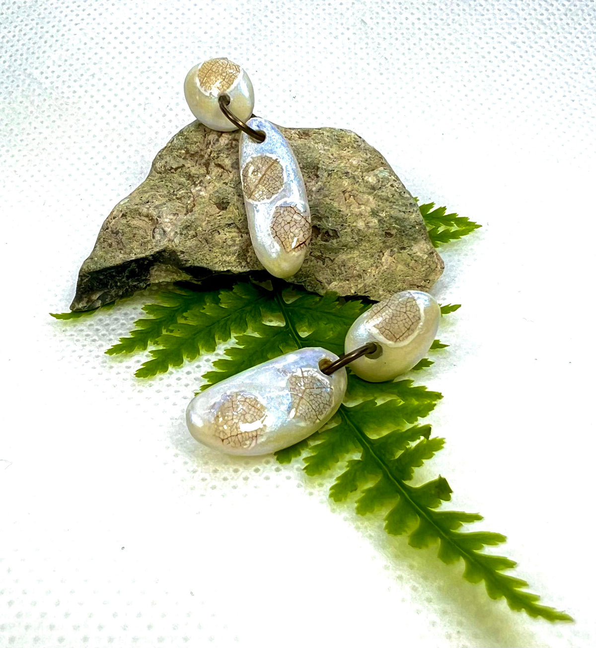 Linden Leaf Skeleton Earrings — Blue Opal Shimmer