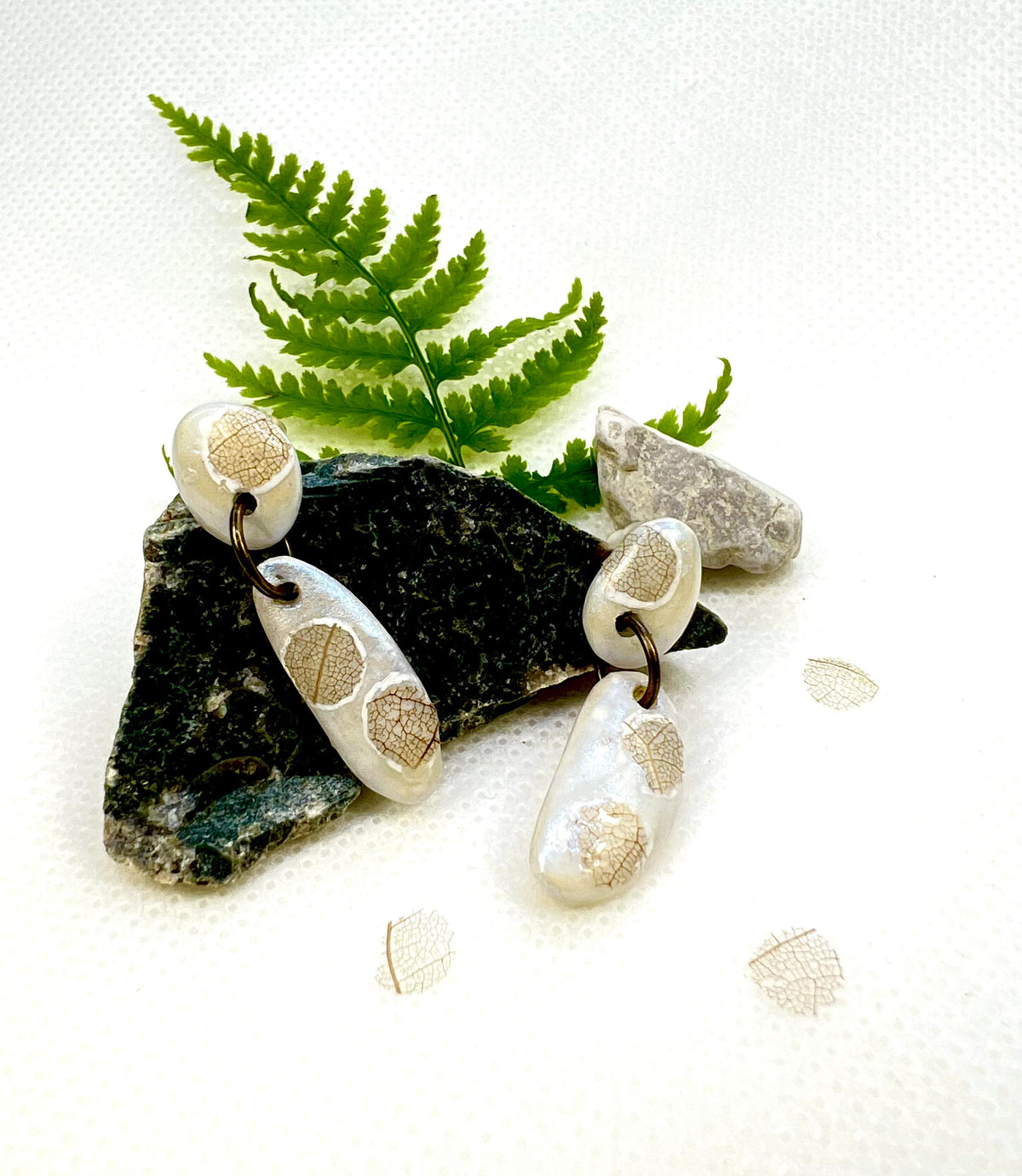 Linden Leaf Skeleton Earrings — Blue Opal Shimmer