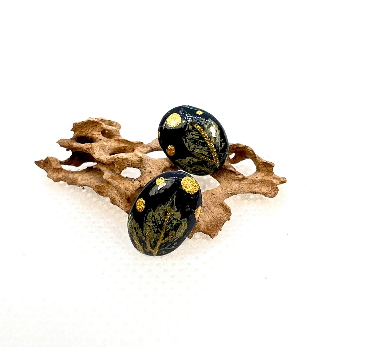 Black and Gold Maple Leaf Stud Earrings