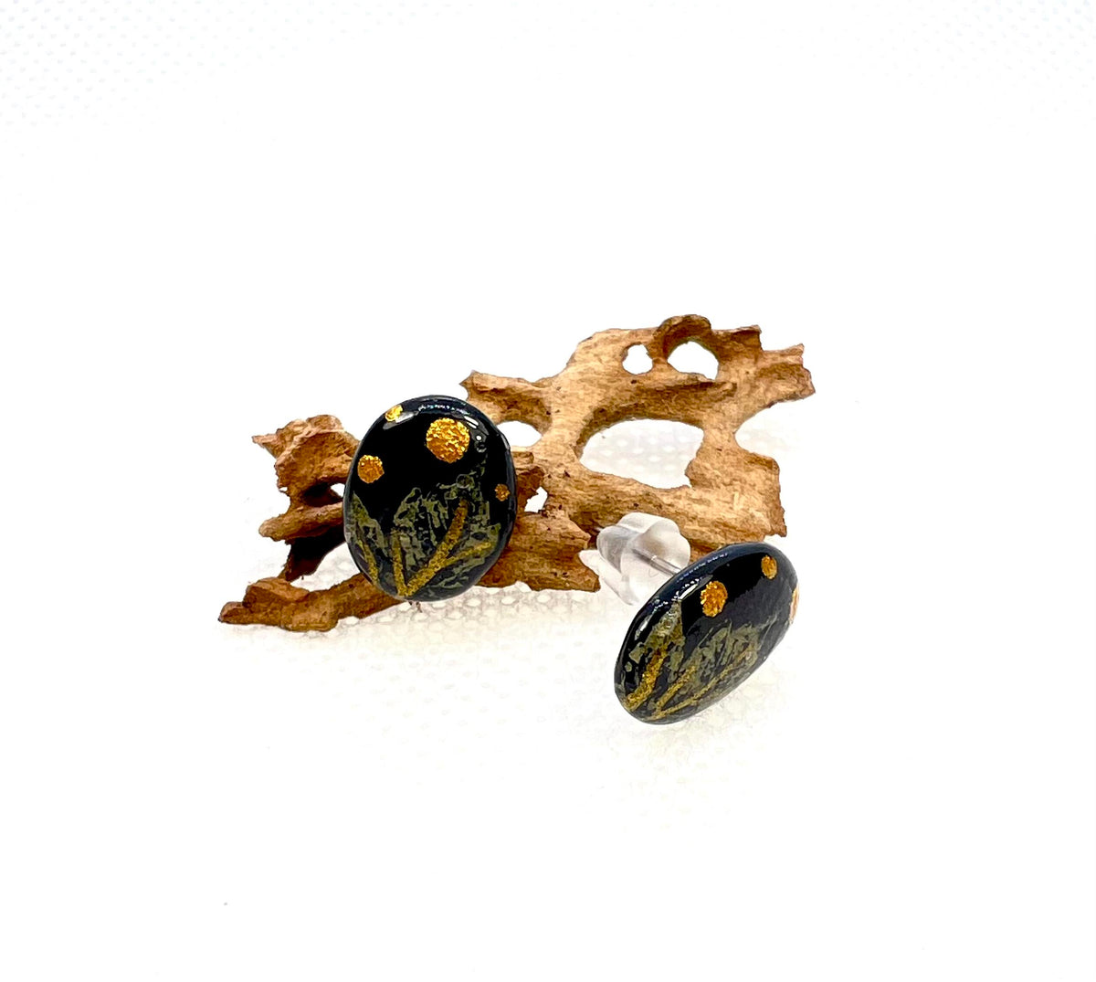 Black and Gold Maple Leaf Stud Earrings