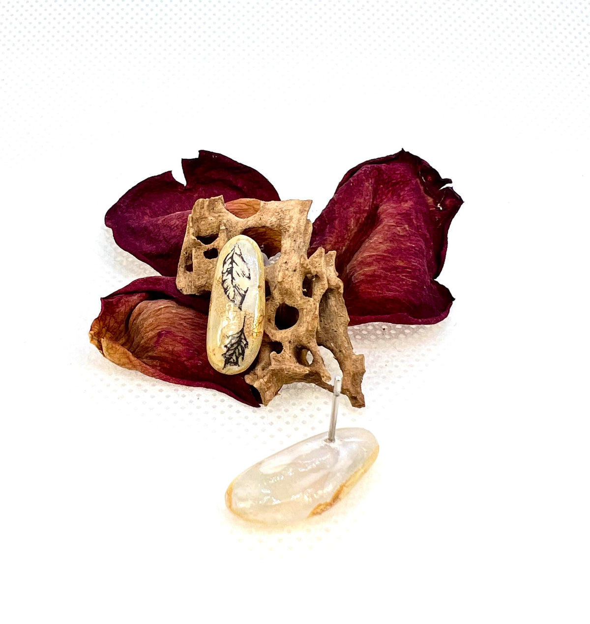 Linden (Tilia cordata) Leaf Skeleton Stud Earrings — Falling Leaves, Gold Shimmer