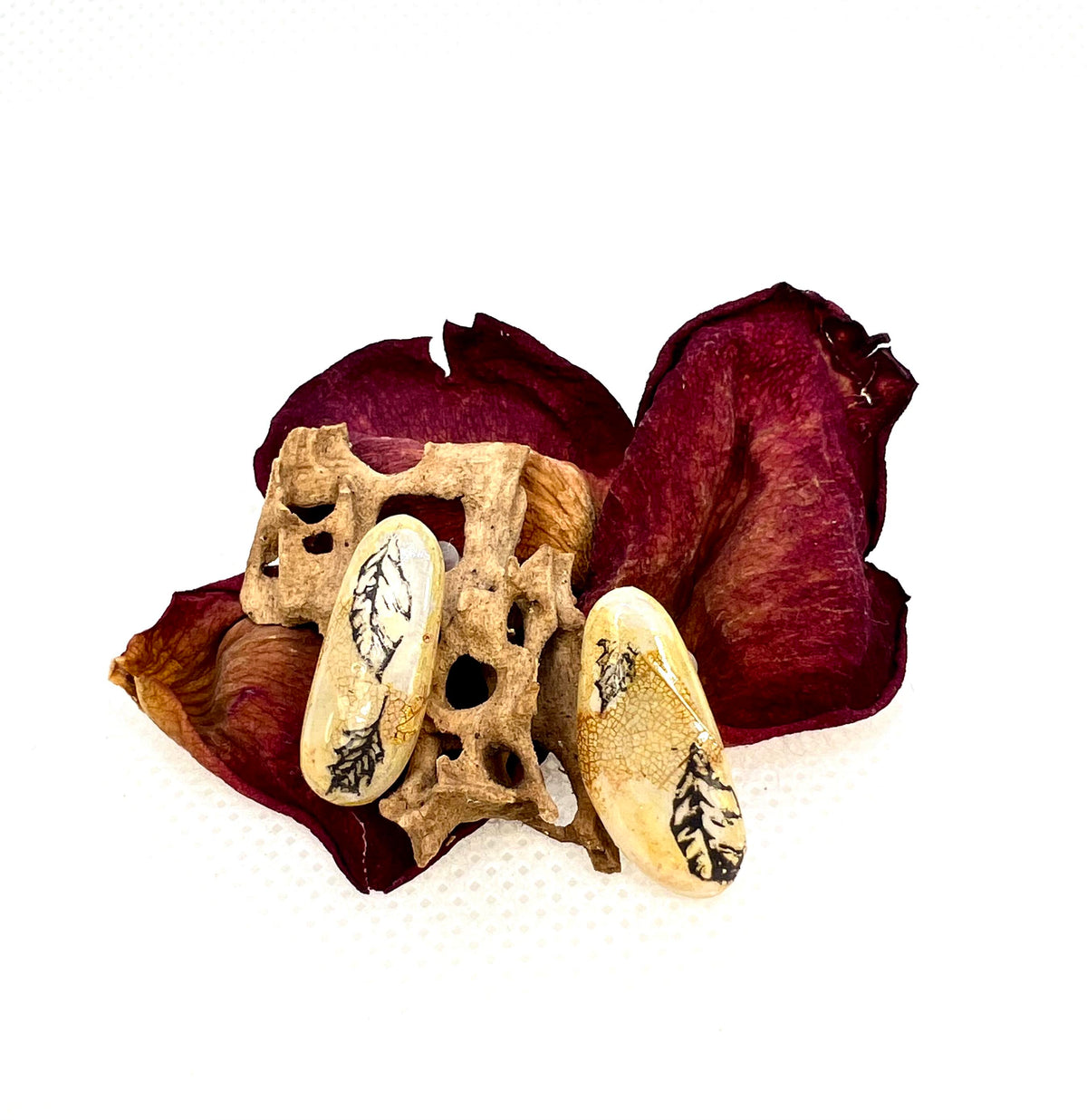 Linden (Tilia cordata) Leaf Skeleton Stud Earrings — Falling Leaves, Gold Shimmer