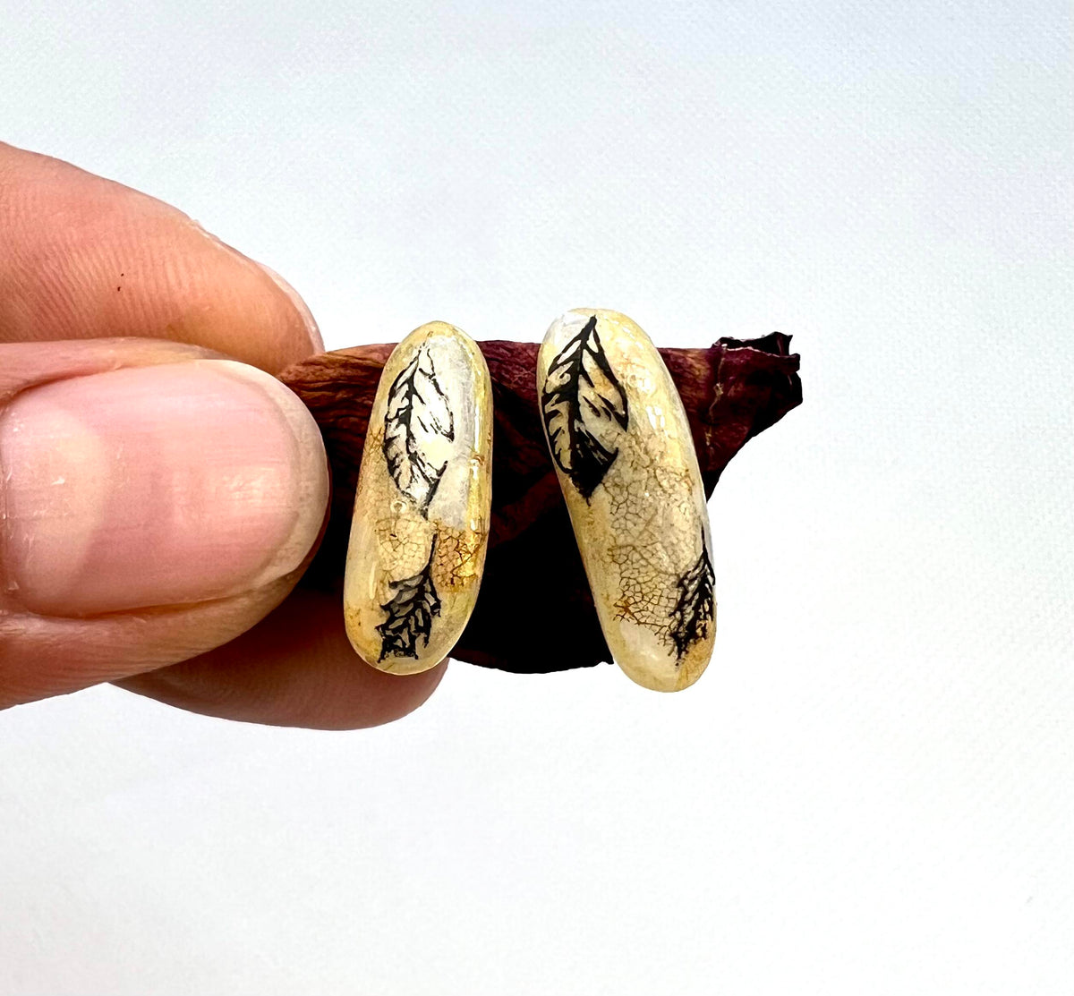 Linden (Tilia cordata) Leaf Skeleton Stud Earrings — Falling Leaves, Gold Shimmer